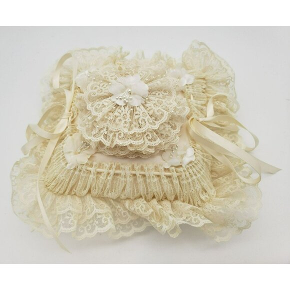 Ivory Satin & Lace Ring Bearer Pillow with ribbons, flowers, attached ring box - Picture 1 of 10